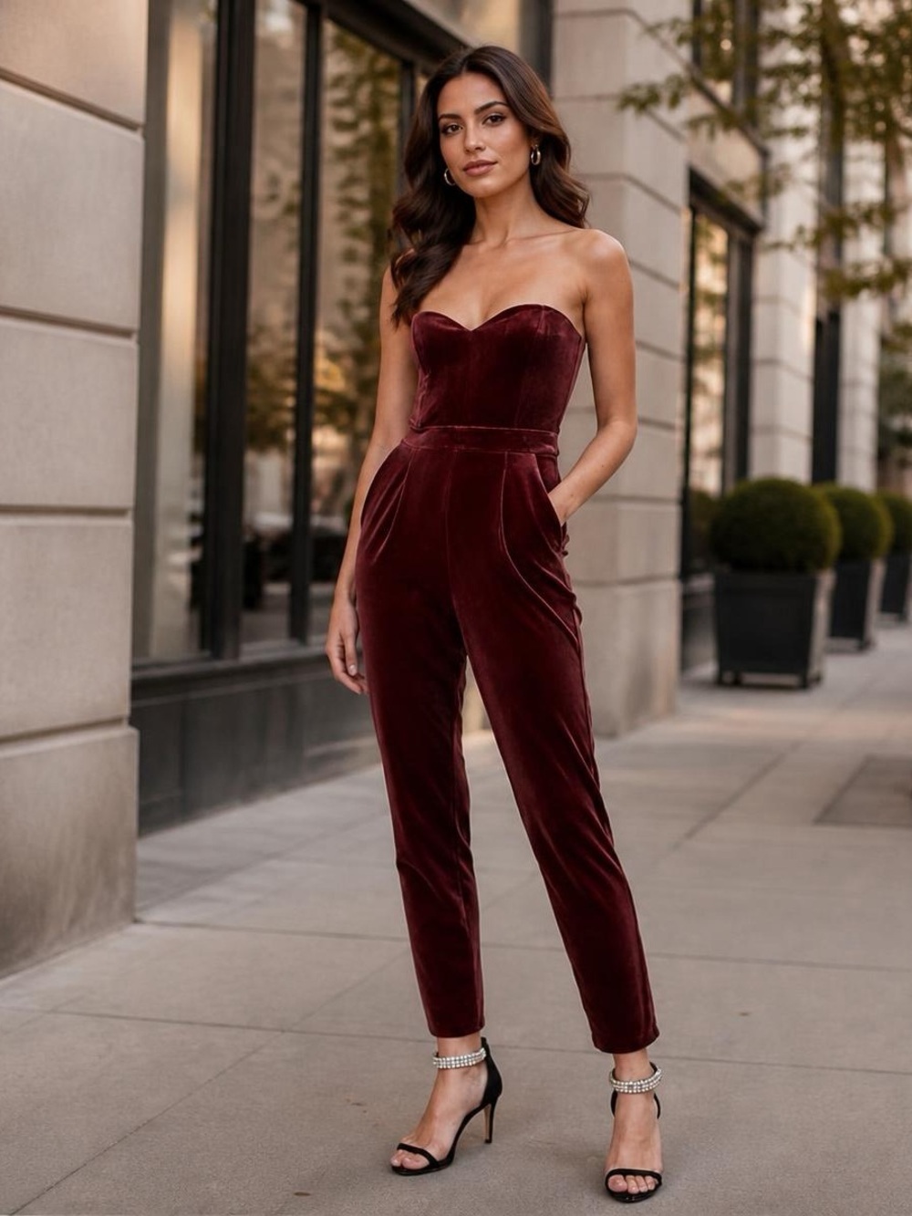Express Velvet Strapless Jumpsuit Burgundy Wine Sweetheart Pocket Straight Leg 8